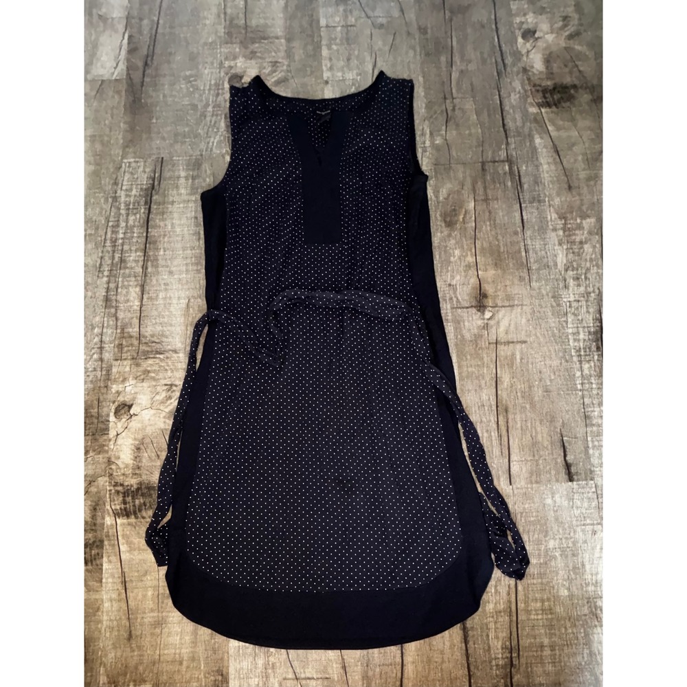 Ann Taylor Navy Blue Pin Dot Sleeveless Tie Waist Shift Dress Small